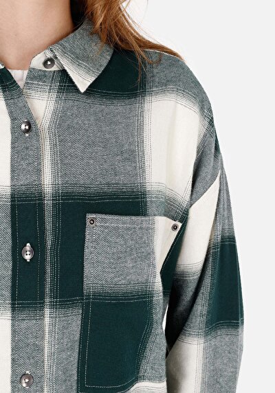 Afficher les détails de Chemise À Manches Longues Vert Relaxed Fit Plaid Sergé Femme