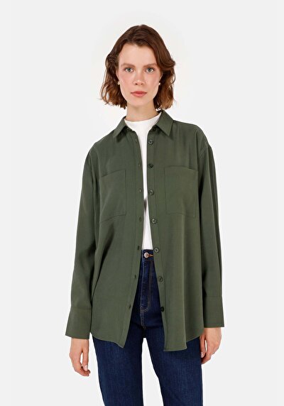 Image de Chemise À Manches Longues Kaki Relaxed Fit Droit Sergé Femme