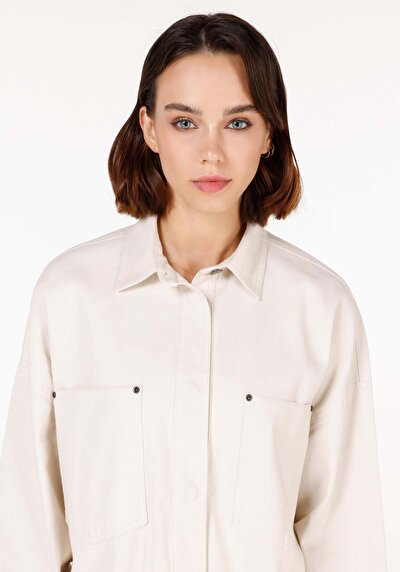 Image de Chemise À Manches Longues Ecru Relaxed Fit Droit Sergé Femme