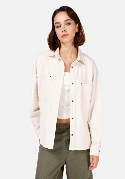 Image de Chemise À Manches Longues Ecru Relaxed Fit Droit Sergé Femme