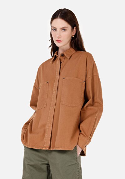 Image de Chemise À Manches Longues Marron Relaxed Fit Droit Sergé Femme