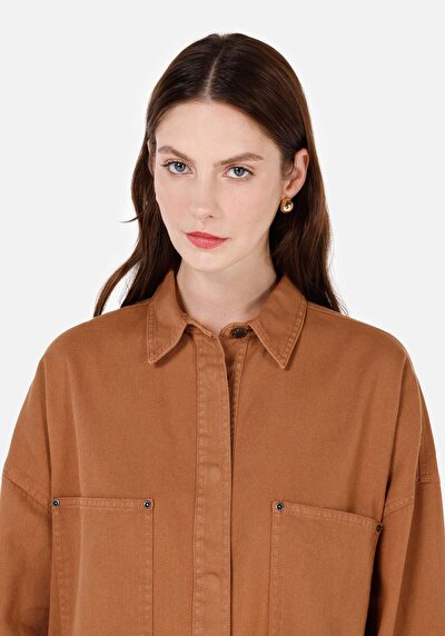 Image de Chemise À Manches Longues Marron Relaxed Fit Droit Sergé Femme