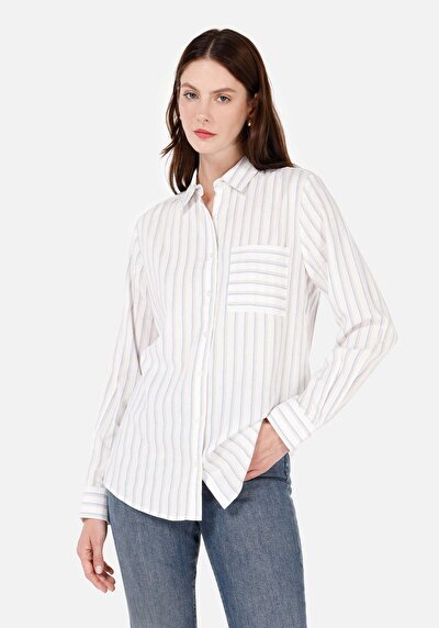 Image de Chemise À Manches Longues Blanc Regular Fit Rayé Sergé Femme