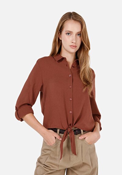 Image de Chemise À Manches Longues Marron Regular Fit Droit Ratière Femme