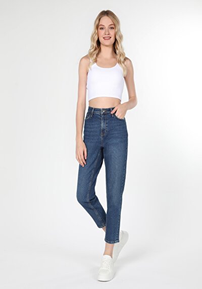 Image de 896 Maria Pantalon Bleu En Mom Fit Femme