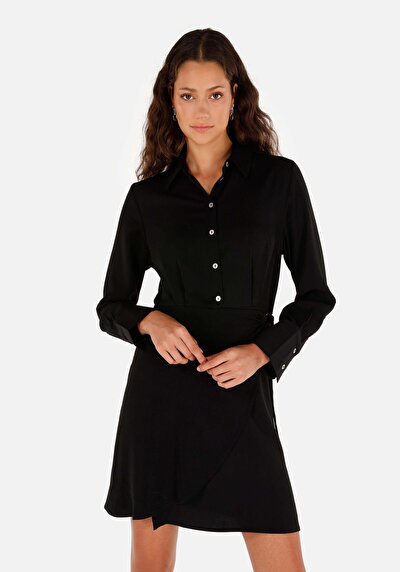 Image de Robe Noir Regular Fit Manches Longues Mini Sergé Femme