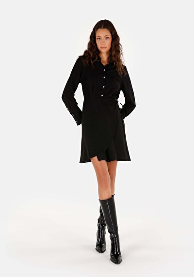 Image de Robe Noir Regular Fit Manches Longues Mini Sergé Femme