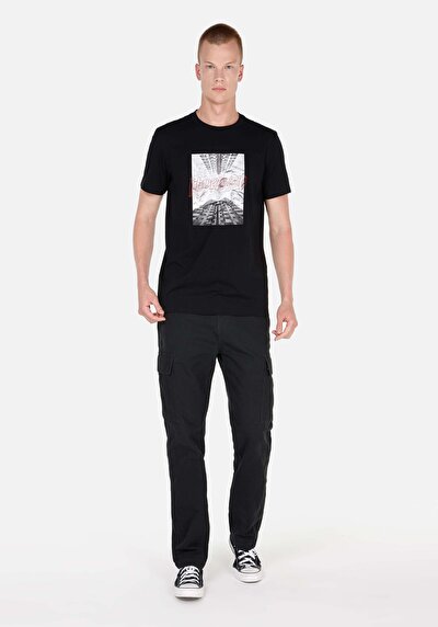 Image de Pantalon Noir Düz Paça Medium Rise En Sergé Comfort Fit Homme