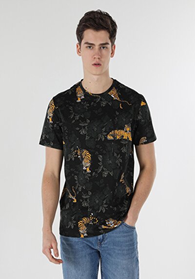 Image de T-shirt À Manches Courtes Noir Regular Fit Imprimé Homme