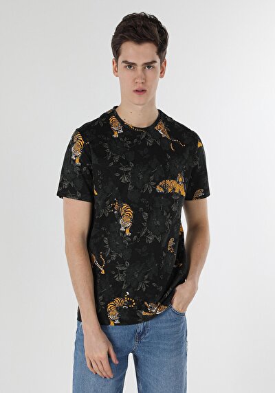 Image de T-shirt À Manches Courtes Noir Regular Fit Imprimé Homme
