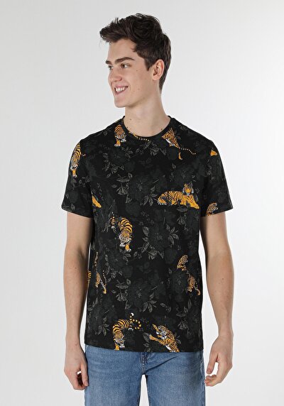 Image de T-shirt À Manches Courtes Noir Regular Fit Imprimé Homme