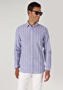 thumb-Afficher les détails de Chemise À Manches Longues Bleu Regular Fit Rayé Lin Homme