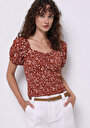 thumb-Afficher les détails de Blouse À Manches Courtes Marron Slim Fit Manches Ballon Femme