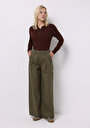 thumb-Afficher les détails de Pantalon Kaki Wide Leg Medium Rise En Sergé Regular Fit Femme