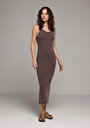 thumb-Afficher les détails de Robe Marron Slim Fit Sans Manches Mdi Côtelé Femme
