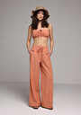 thumb-Afficher les détails de Pantalon Saumon Wide Leg High Rise En Uni Regular Fit Femme